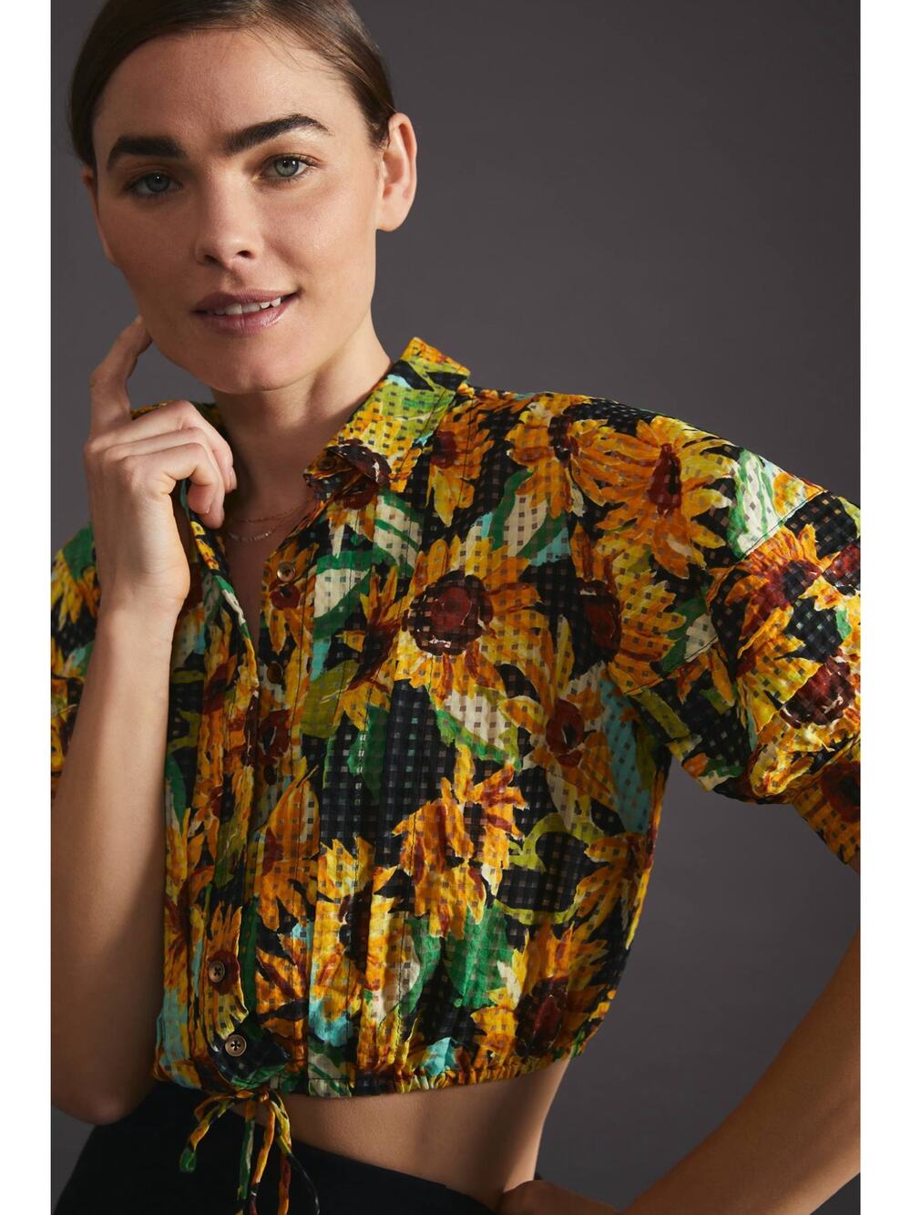 Anthropologie Maeve Sunflower Crop Top Button Front Tie Hem Medium Cottagecore